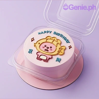 Character Pink Birthday Cake Pink 1-tier birthday cake with a printed character topper and blue piped Happy Birthday message
