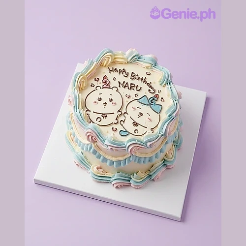 Character White Birthday Cake White 1-tier birthday cake with cartoon character print on top and blue piped border