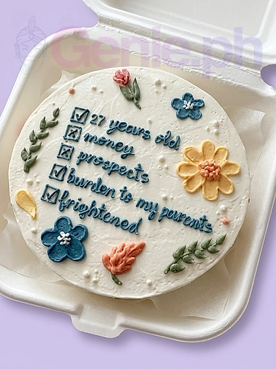White bento cake with a checklist message and colorful piped icing flowers and leaves in a takeout container. White bento cake with a checklist message and colorful piped icing flowers and leaves in a takeout container.