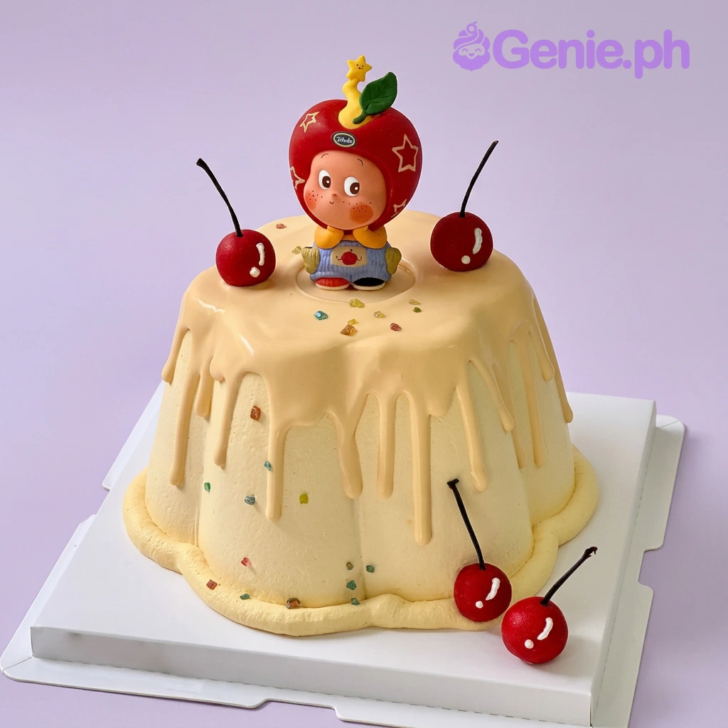 Cherry Character Ivory Cake One tier cake with a cute character figure, red cherries, and red sprinkles