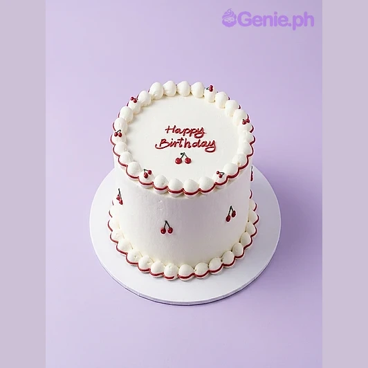 Cherry Minimalist White Birthday Cake White 1-tier birthday cake with red piped cherry decorations and Happy Birthday message