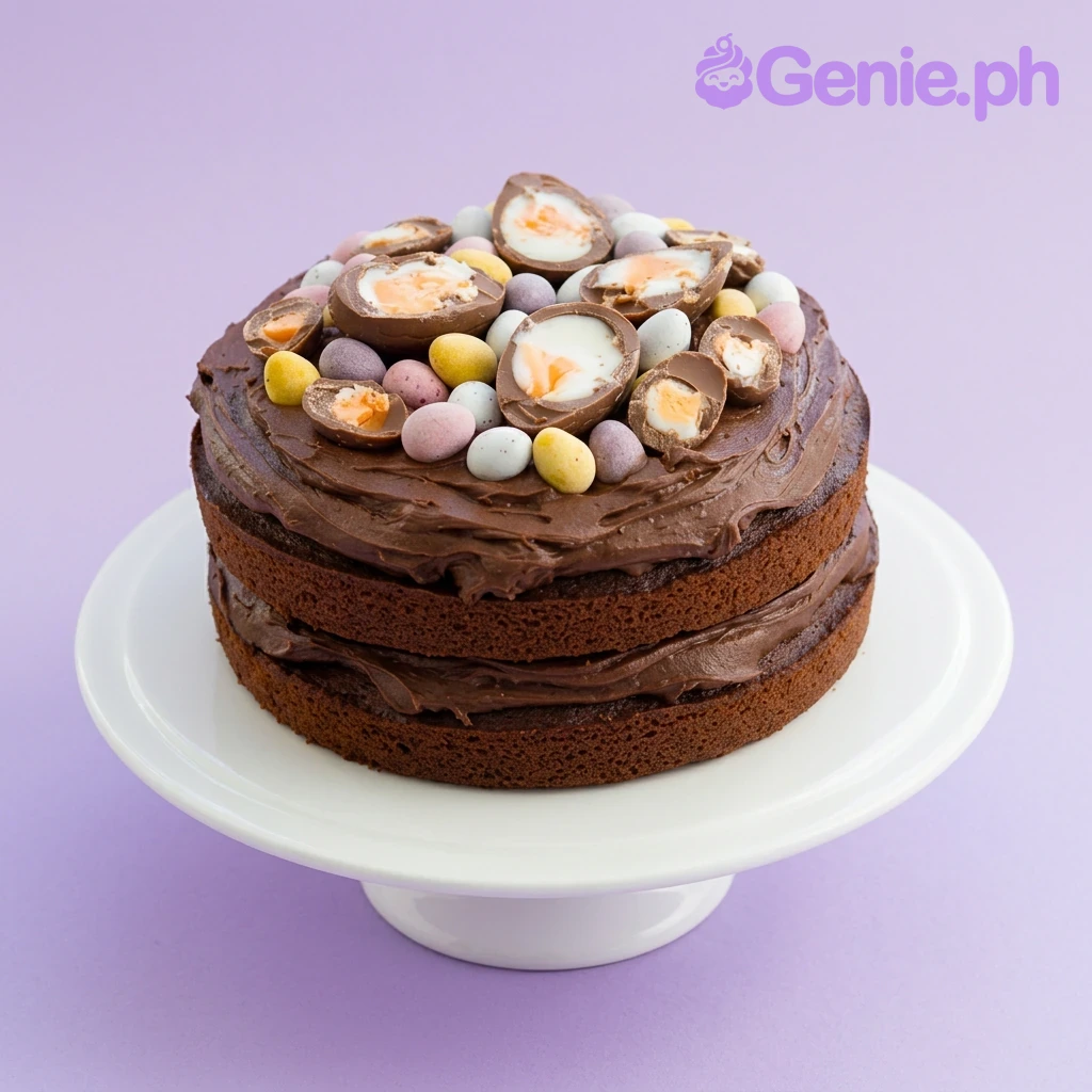 Chocolate Easter Brown Cake A brown 1-tier cake themed around Chocolate Easter, featuring halved Cadbury Creme Eggs and assorted colorful mini chocolate eggs.