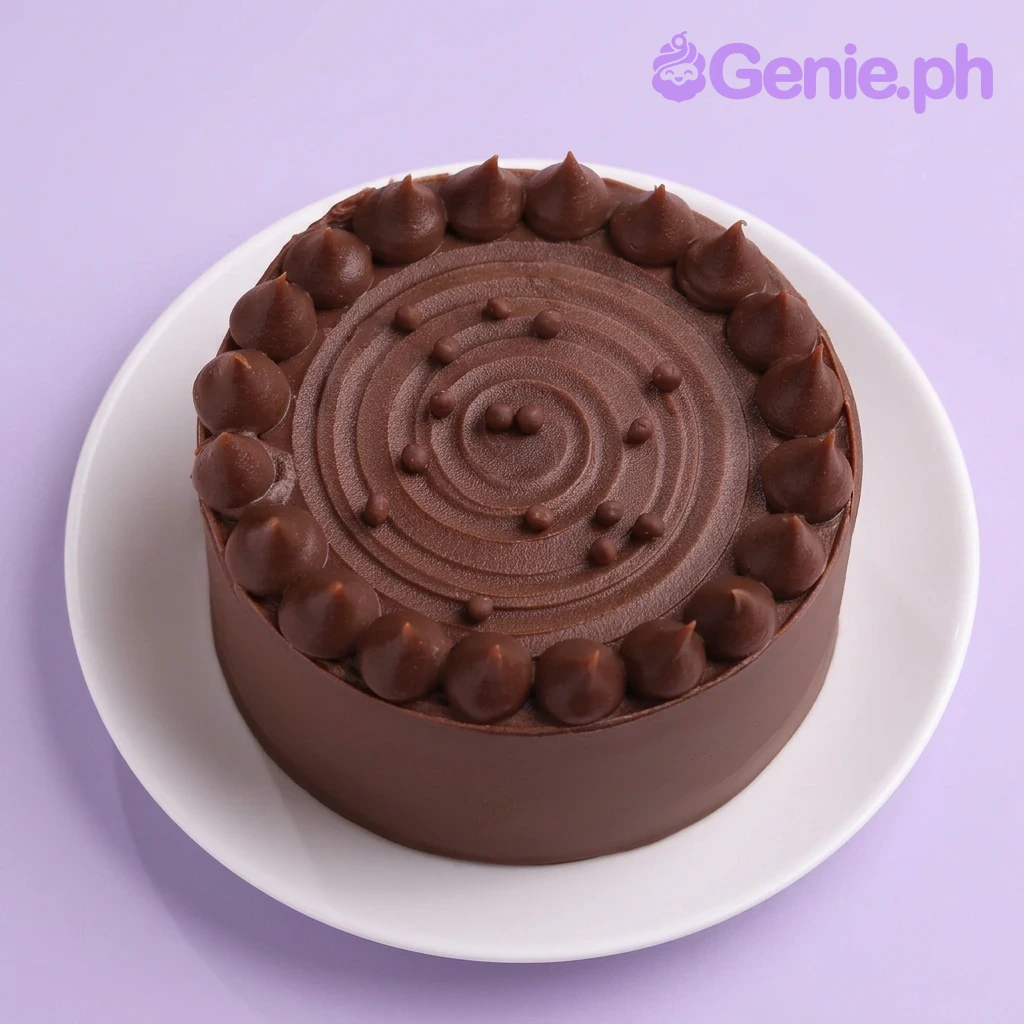 Chocolate Minimalist Brown Birthday Cake A rich chocolate cake with dark brown icing swirls and chocolate pearls on a white plate.