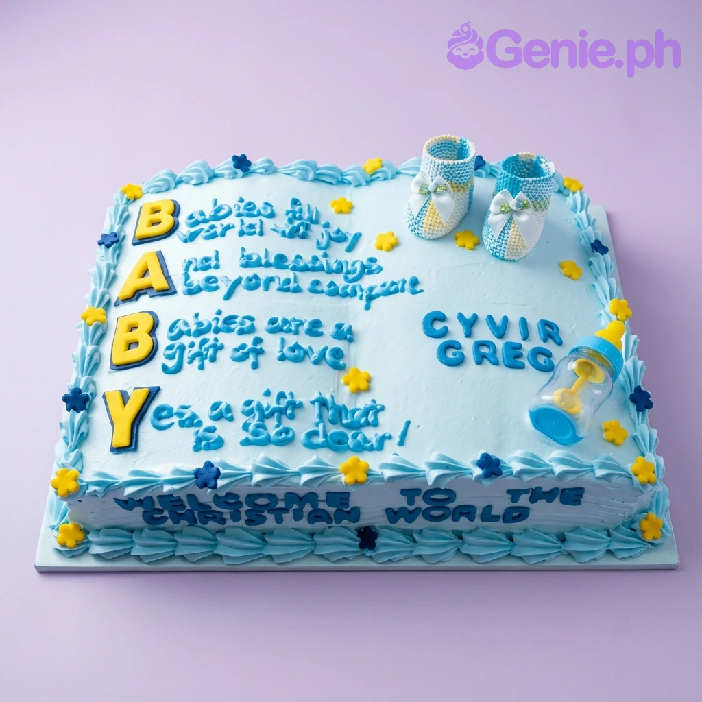 Christening White Rectangle Cake Light blue rectangular christening cake with baby booties, a bottle, and a long blue message for Cyvir Greg.