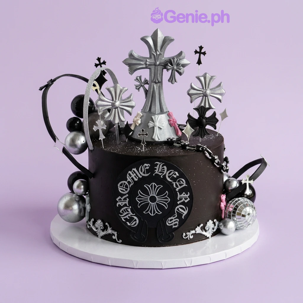 Chrome Hearts Black Cake Black 1-tier cake with Chrome Hearts branding, featuring a large central cross topper, silver accents, and a disco ball.