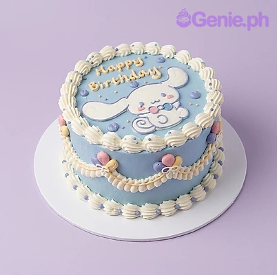 Light blue 1-tier birthday cake with Cinnamoroll character printout and white piped icing borders