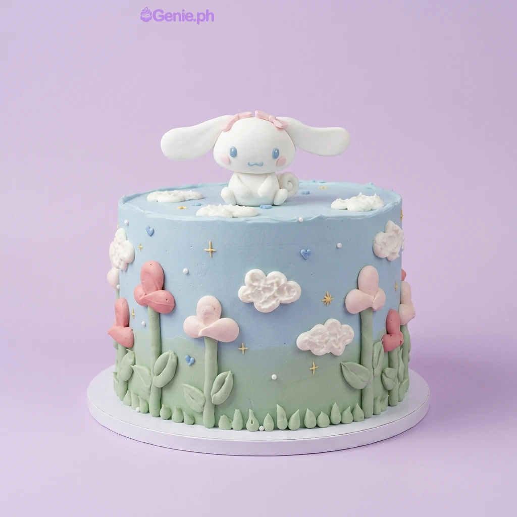 Cinnamoroll-Inspired Sky Blue Birthday Cake Light blue and green gradient cake with a Cinnamoroll fondant topper and piped icing flowers and clouds