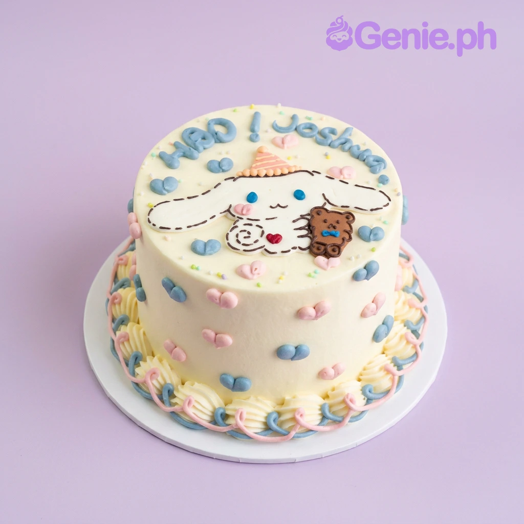 Ivory 1-tier birthday cake with piped Cinnamoroll character and small fondant bear topper
