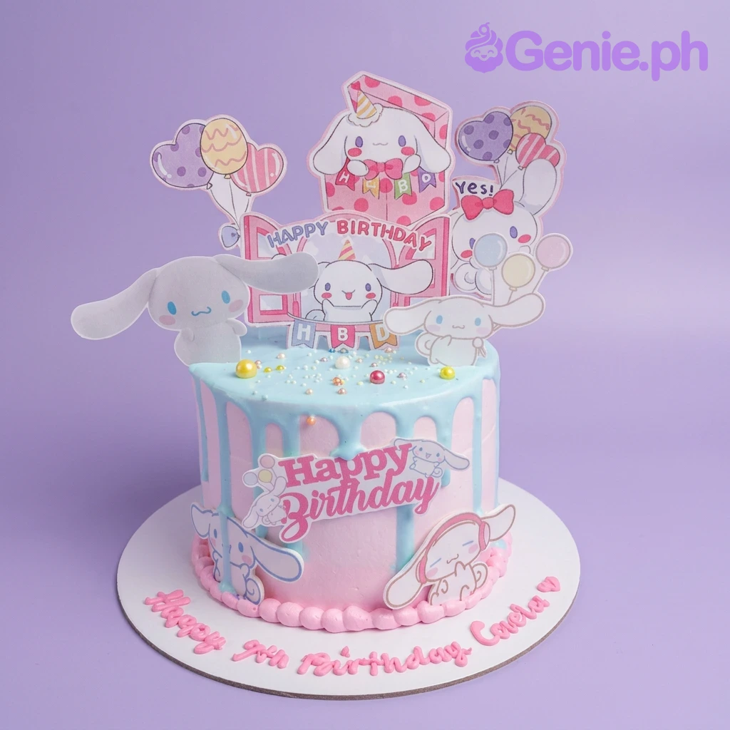 A light blue and pink 1-Tier Cinnamoroll cake, featuring character printouts, colorful drips, and sprinkles.