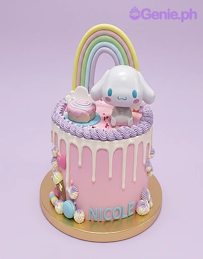 Pink 1-tier cake with white drip, rainbow topper, and Cinnamoroll character figure