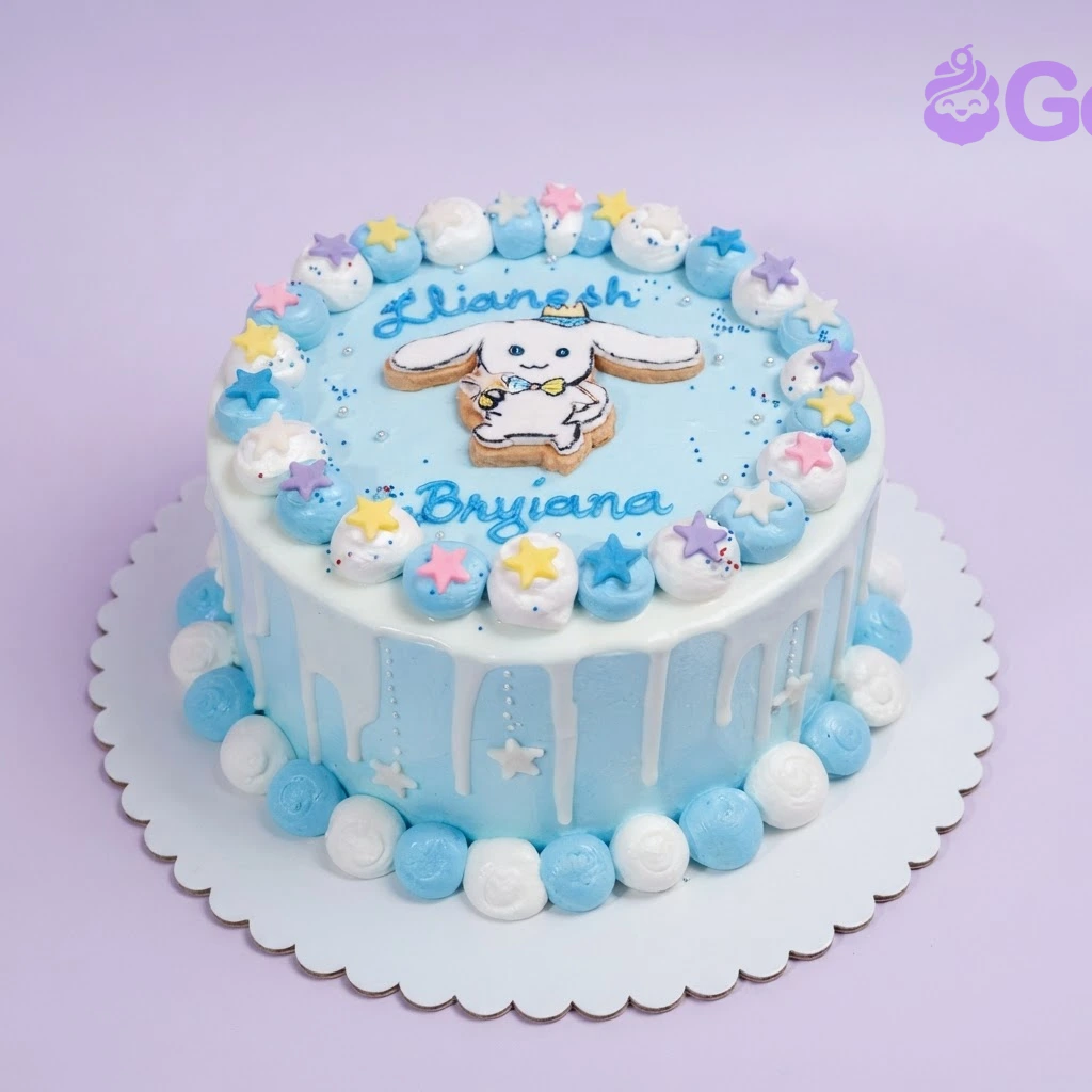A light blue 1 Tier Cinnamoroll cake, featuring a Cinnamoroll character, white drips, colorful stars, and piped dollops.