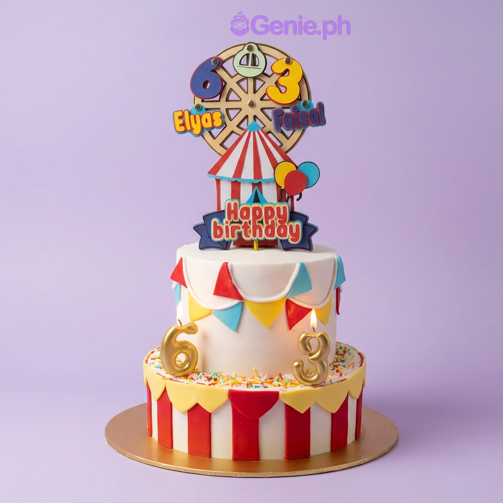 Circus Birthday White Cake White 1-tier fondant cake with circus-themed printout topper and number candles