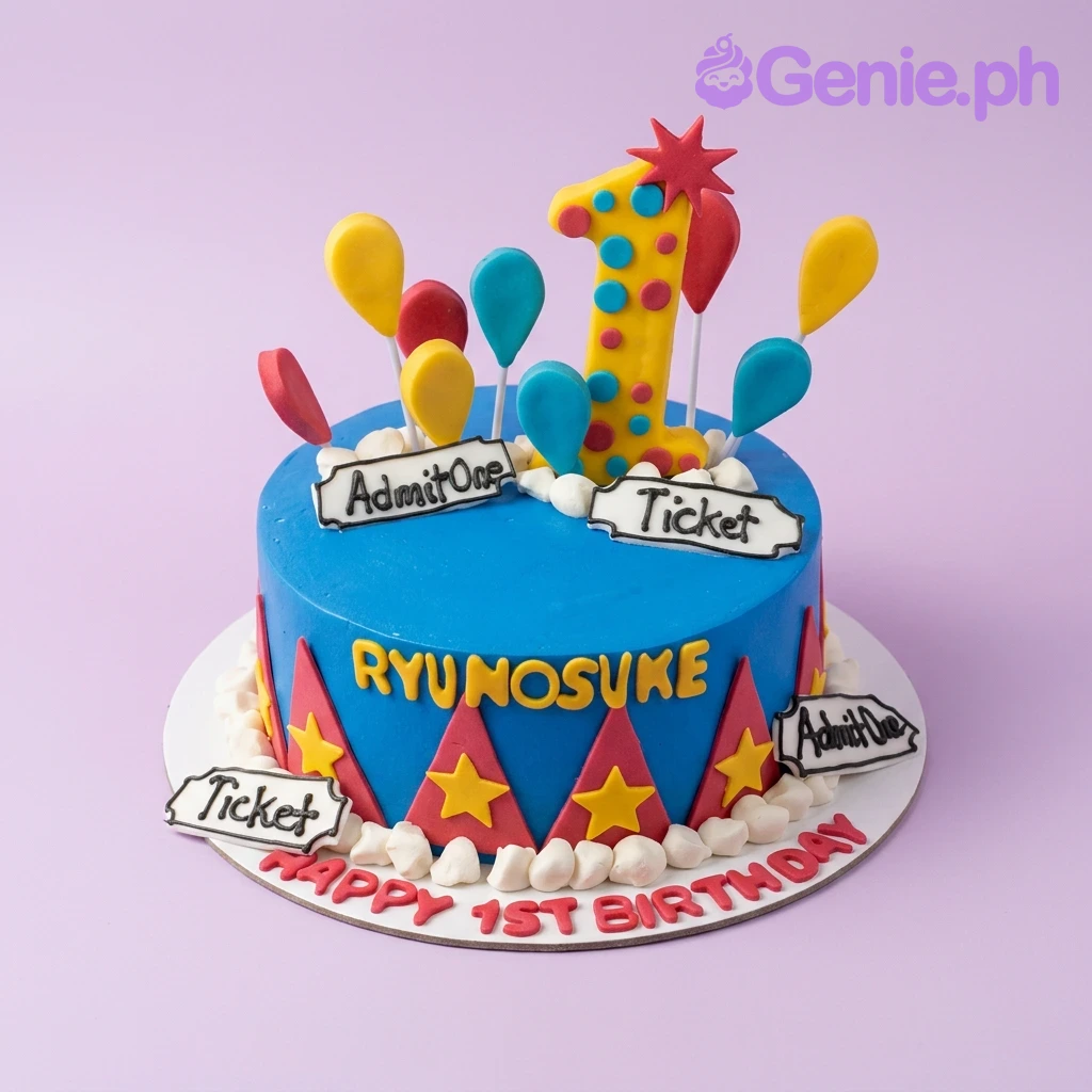 Circus Blue Birthday Cake Circus themed 1st birthday cake in blue with yellow number one topper, balloons, and ticket decorations.