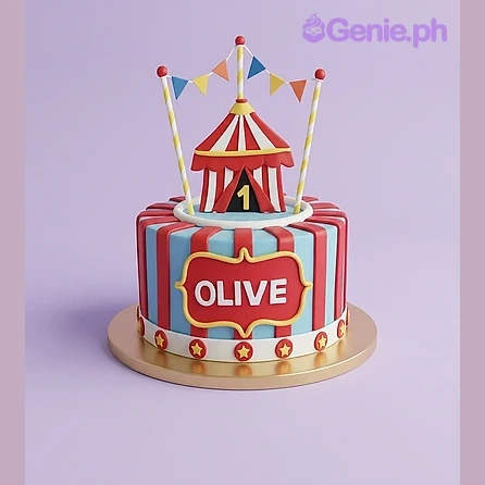 Circus Theme Birthday Cake Light blue and red striped circus themed 1-tier fondant cake with a tent topper and Olive name plaque