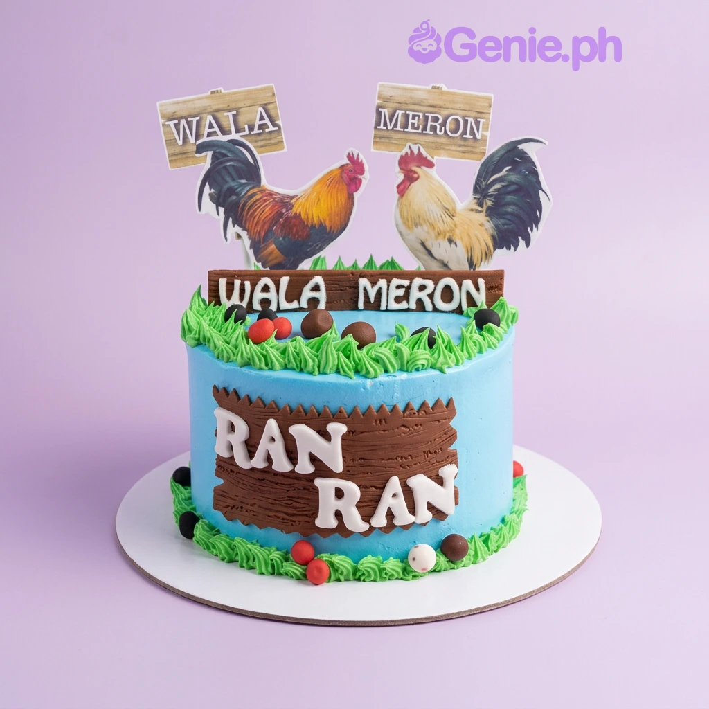 Cockfighting Sky Blue Birthday Cake A light blue 1 Tier cake themed around Cockfighting, featuring rooster printouts and brown gumpaste fence panels.