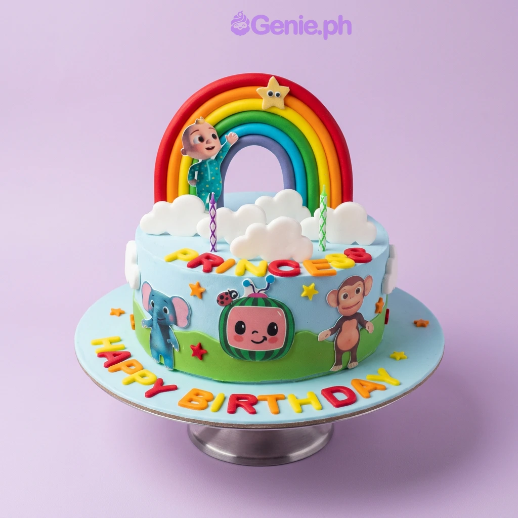 Cocomelon-Inspired Sky Blue Birthday Cake Light blue 1-tier birthday cake with Cocomelon character printouts, rainbow topper, and fondant clouds