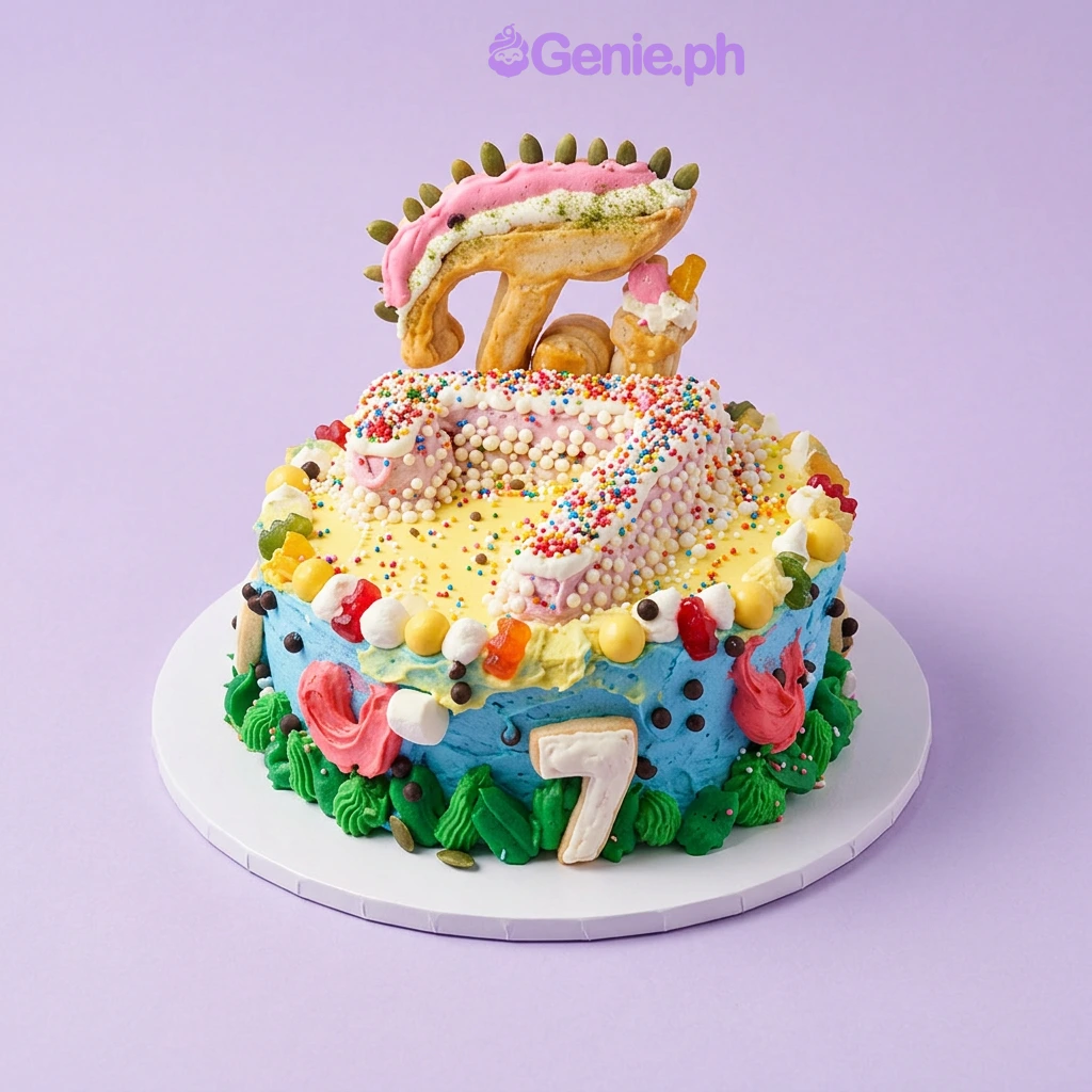 One tier cake with multicolor soft icing, a number seven dinosaur topper, colorful sprinkles, and small fondant shapes
