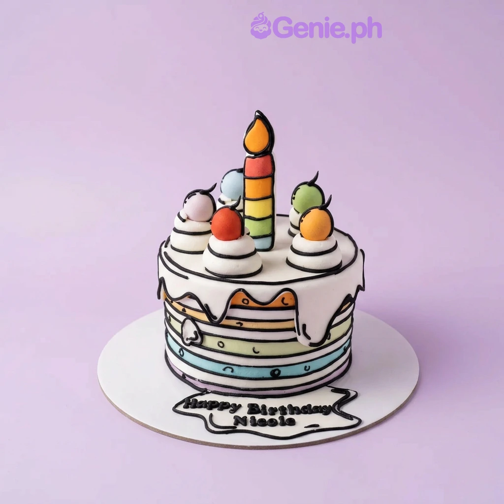 Comic Birthday Cake White 1-tier comic style cake with black outlines, a central candle topper, colorful fondant spheres, and a piped birthday message on the board