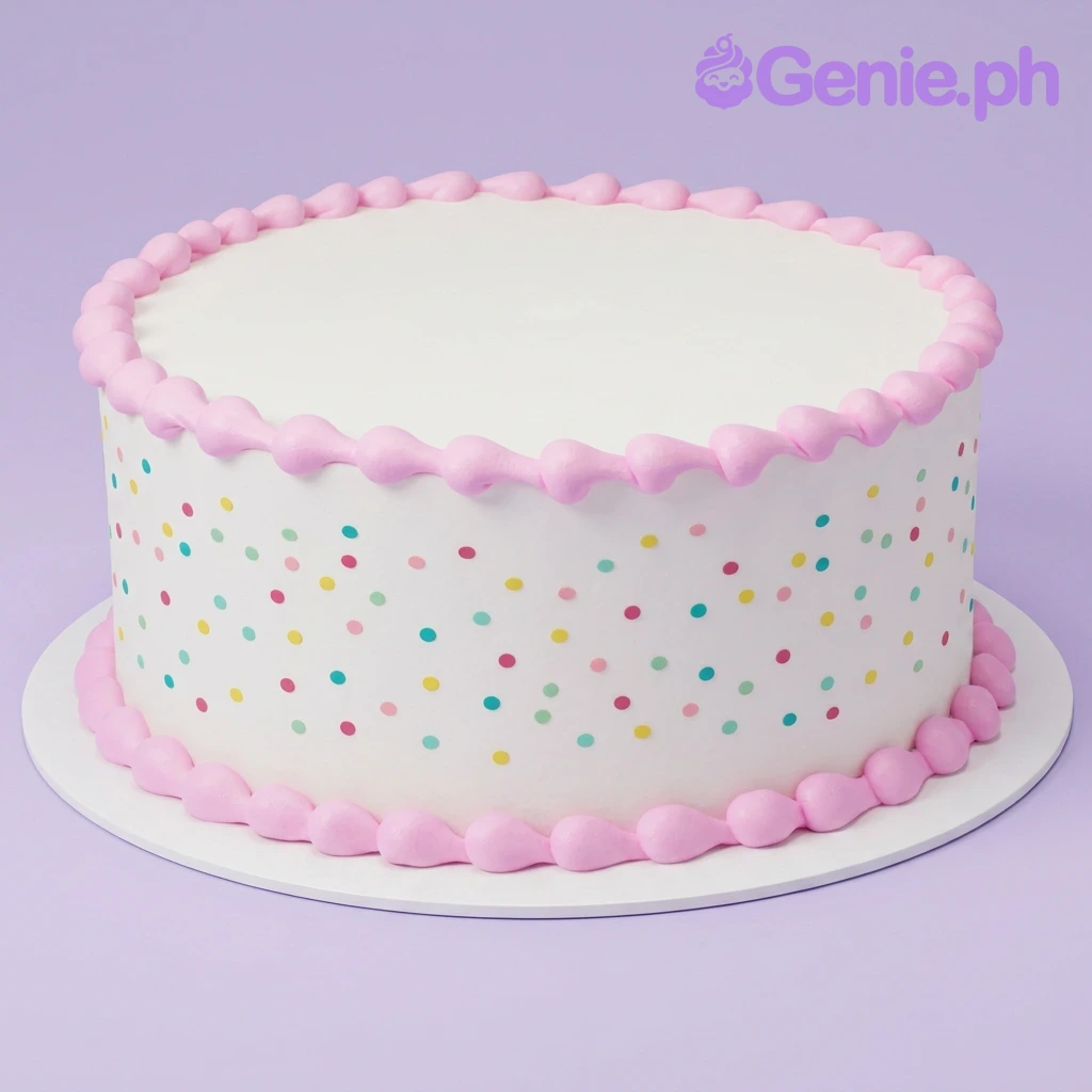 Confetti White Cake A white 1-tier cake themed around Confetti, featuring multi-colored confetti dots and pink piped shell borders.