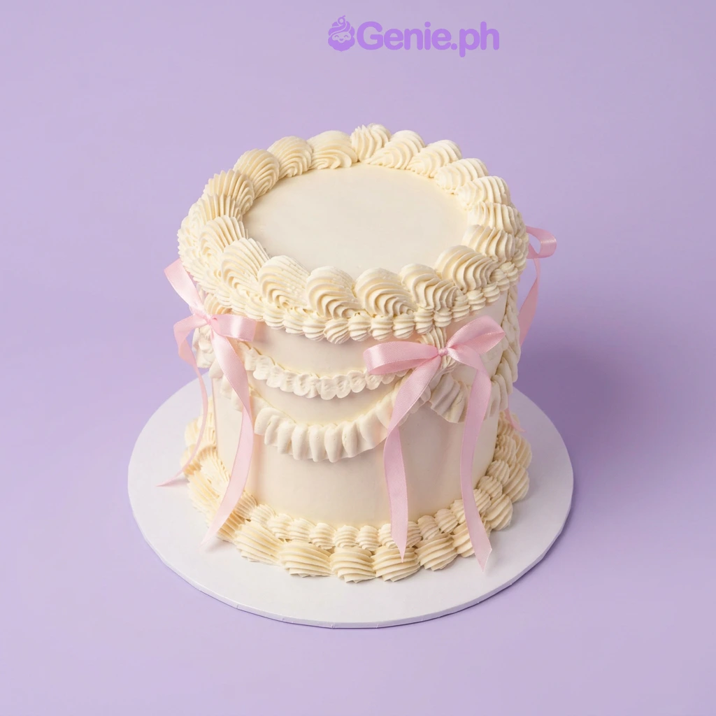 Coquette White Cake White 1-tier cake with soft icing, piped borders, piped swags, and pink satin ribbon bows