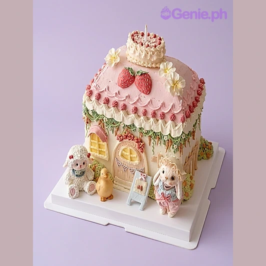 Pink and white house-shaped cake with two sheep figurines and a small cake topper
