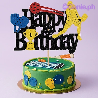 Cricket Birthday Green Cake Green single tier cricket themed birthday cake with a large black Happy Birthday topper and cricket field icing decorations