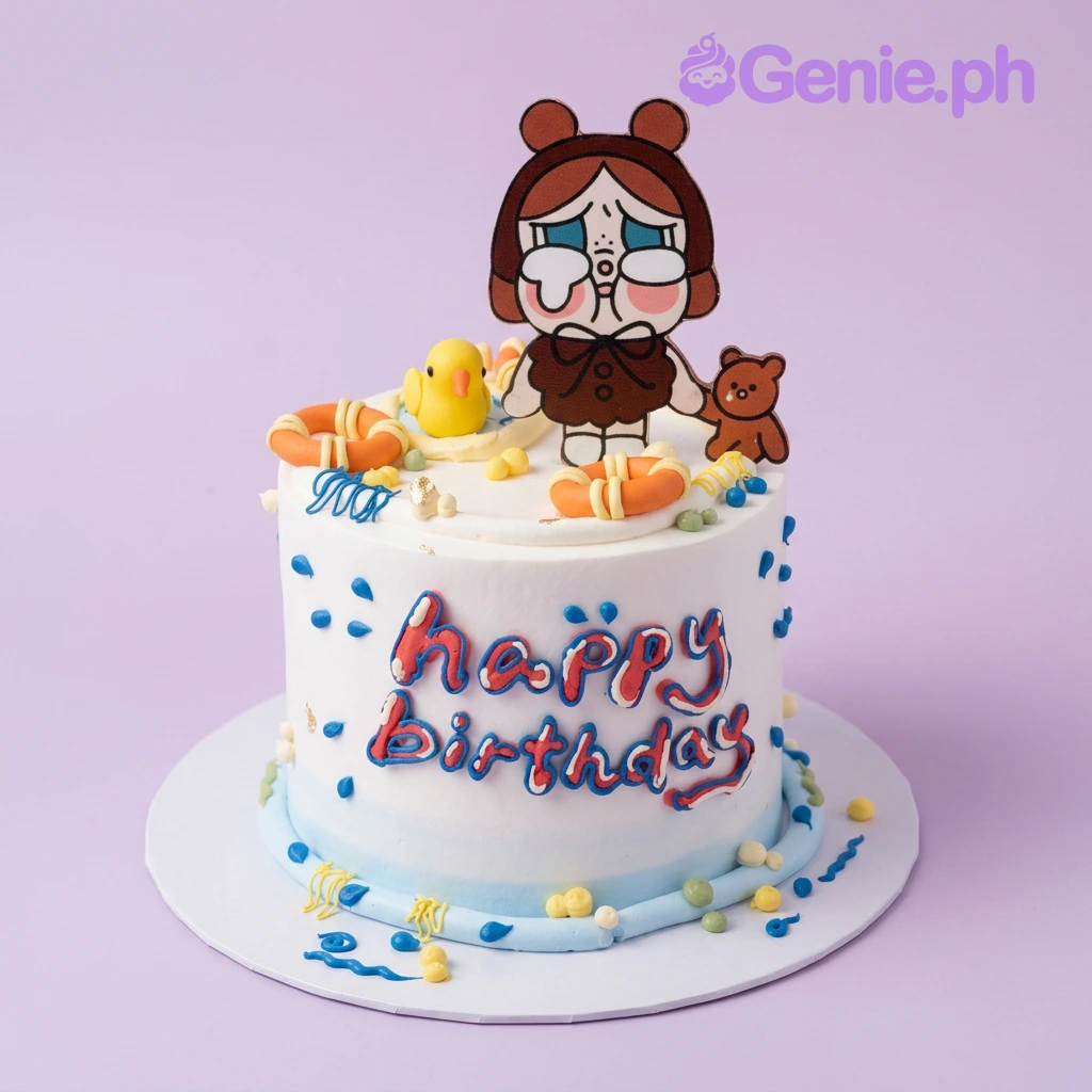 Crying Girl White Birthday Cake White single tier birthday cake with a crying girl printout topper and orange lifebuoy fondant decorations