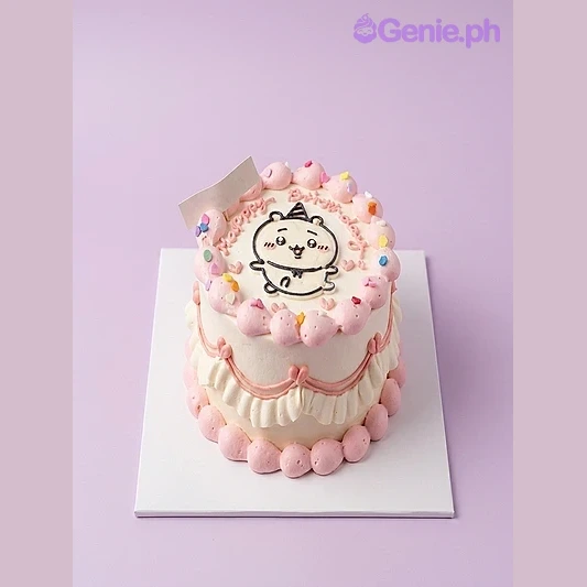 Cute Bear White Birthday Cake White 1-tier cake with a cartoon bear printout and pink piped icing borders