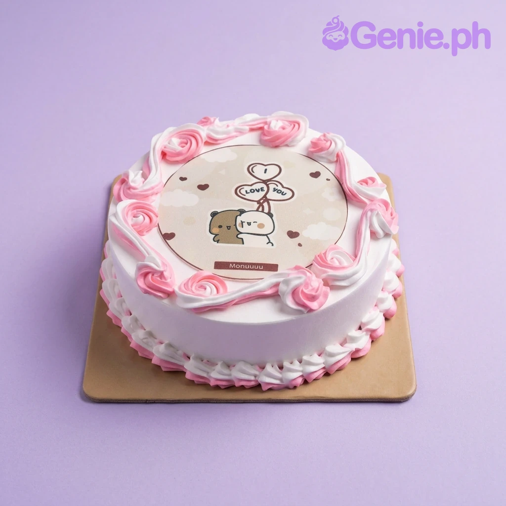 Cute Bear White Heart Birthday Cake A white and pink 1-tier cake themed around Cute Bear, featuring a circular printout of bears with heart balloons and pink and white icing rosettes.