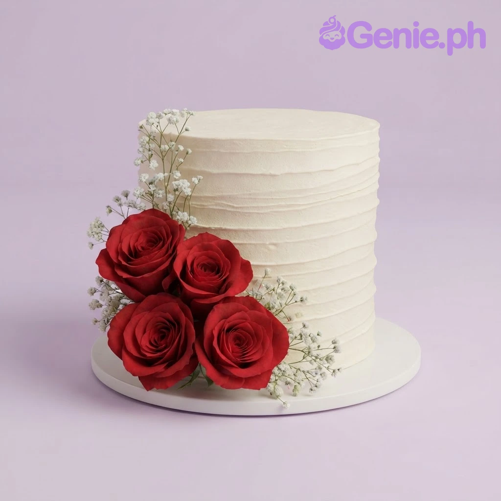 Red Roses White Floral Cake White 1-tier cake with smooth soft icing, red roses, and small white filler flowers