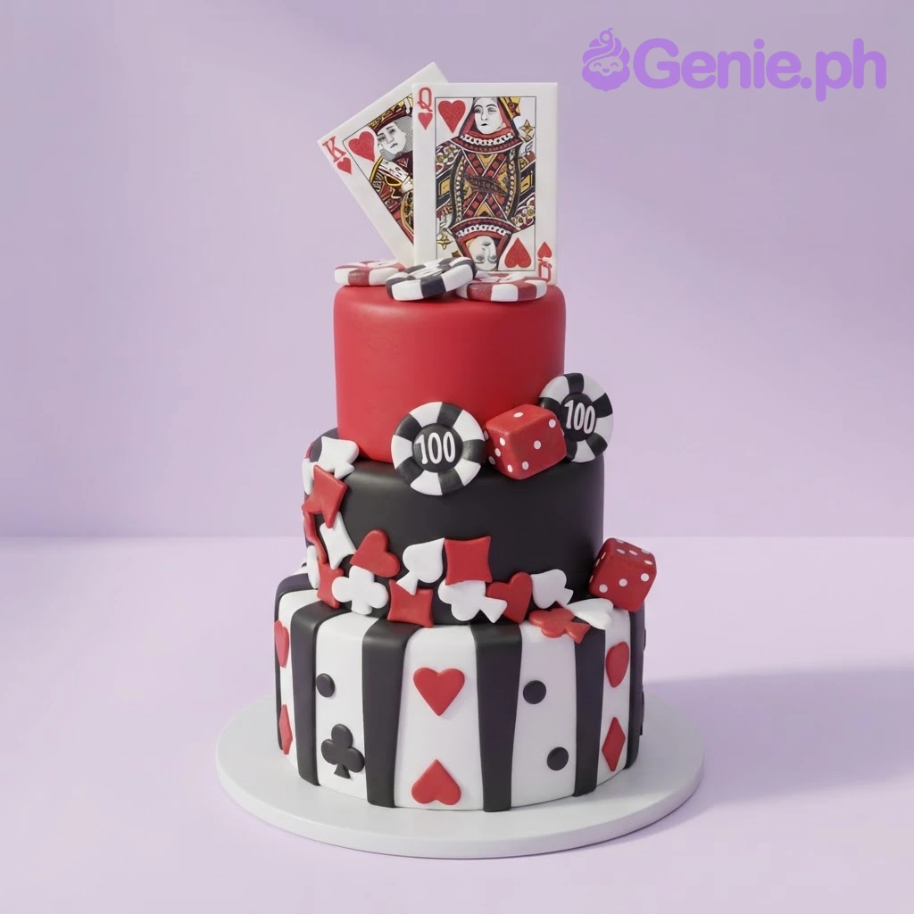 Casino 3-Tier Cake Red and black 3-tier fondant casino theme cake with playing cards, poker chips, and dice toppers