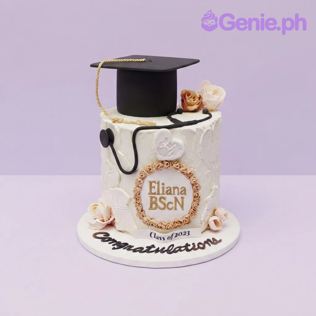 Graduation Nursing White Cake White 1-tier cake with a graduation cap topper, stethoscope, and a personalized nursing degree plaque