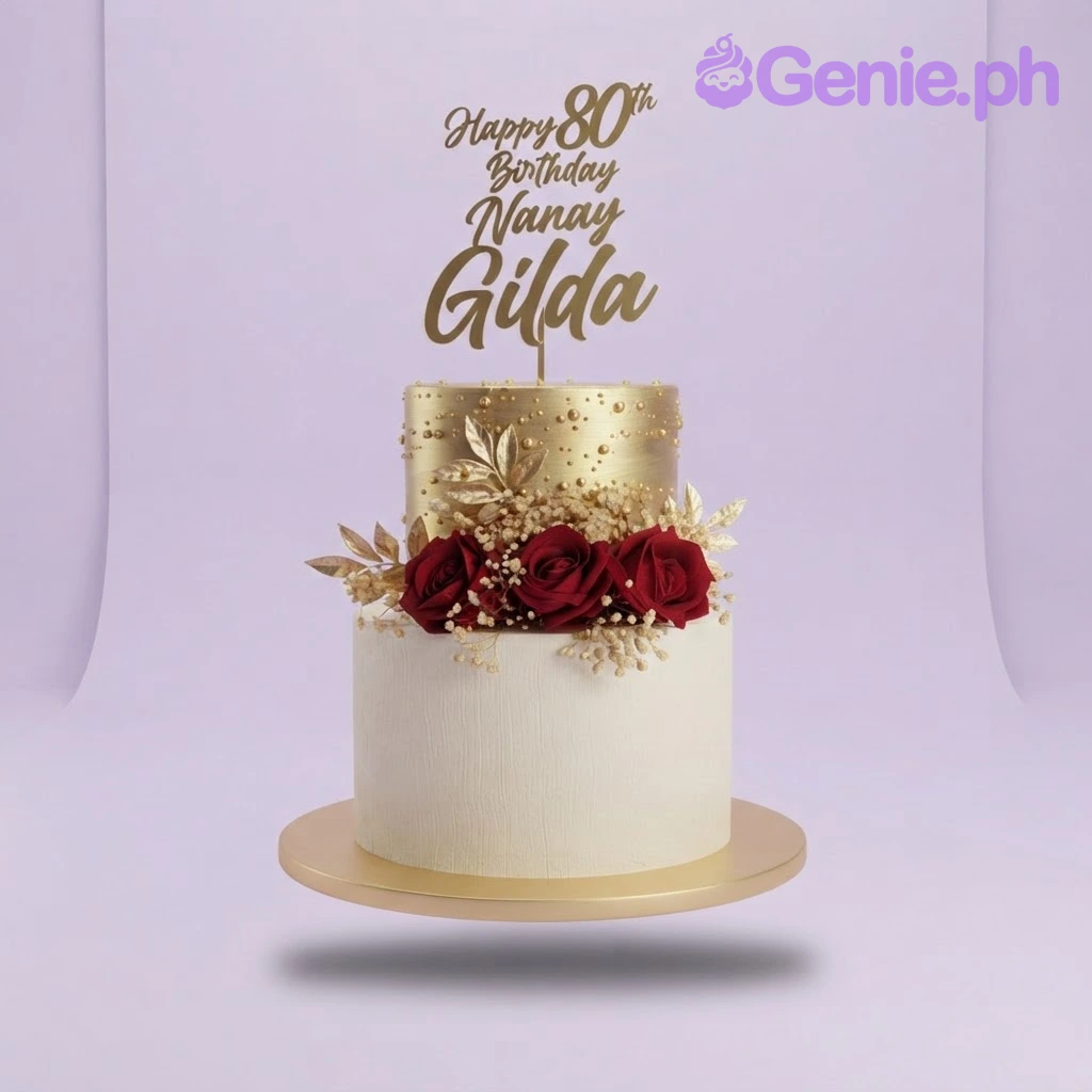Eighty Birthday Floral 2-Tier Cake White and gold two-tier birthday cake with red roses, gold leaves, and a gold glitter cardstock topper