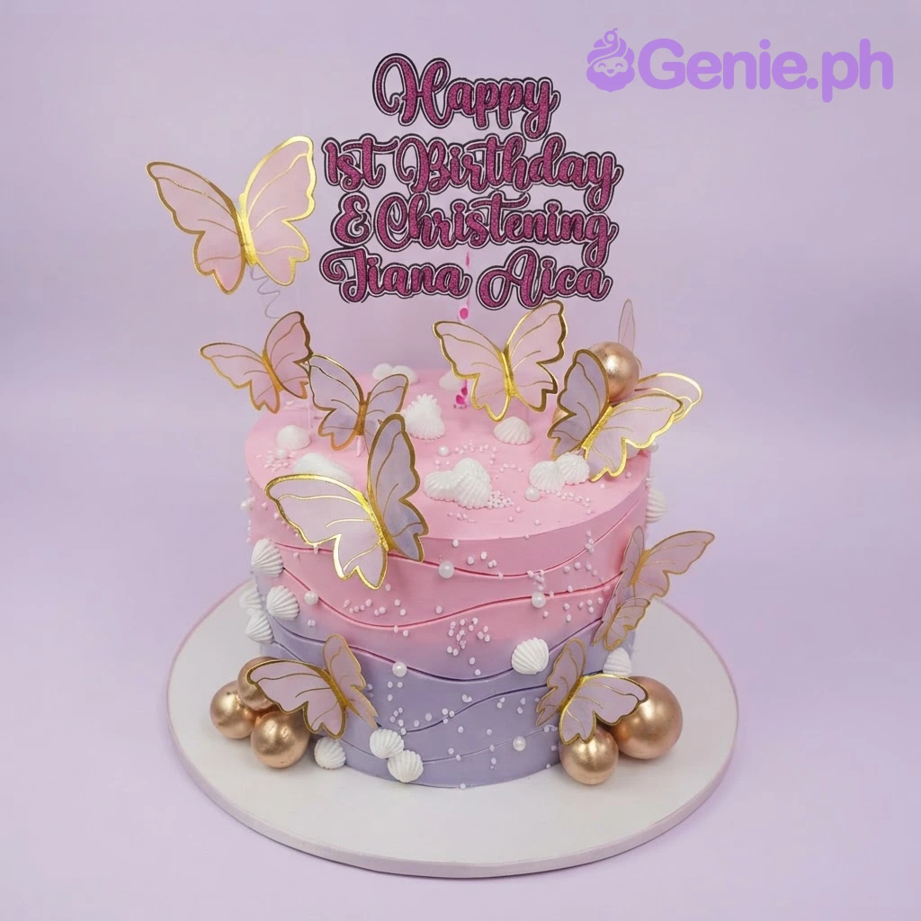 Butterfly Birthday Pink Cake Pink and purple ombre 1 tier birthday cake with butterfly printouts, gold spheres, and a topper