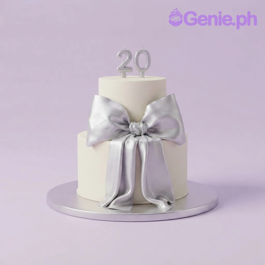 Silver Bow White 2-Tier Birthday Cake White two-tier fondant birthday cake with a large silver fondant bow and number 20 candles