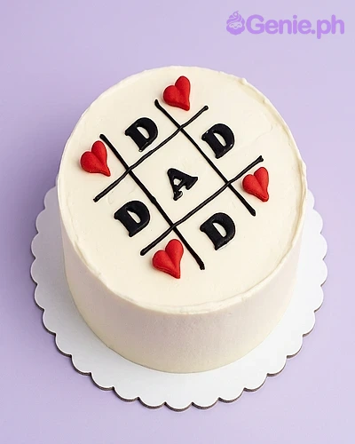 Dad Tic-Tac-Toe White Heart Birthday Cake White minimalist cake with a black tic-tac-toe grid and red heart toppers, spelling DAD diagonally.