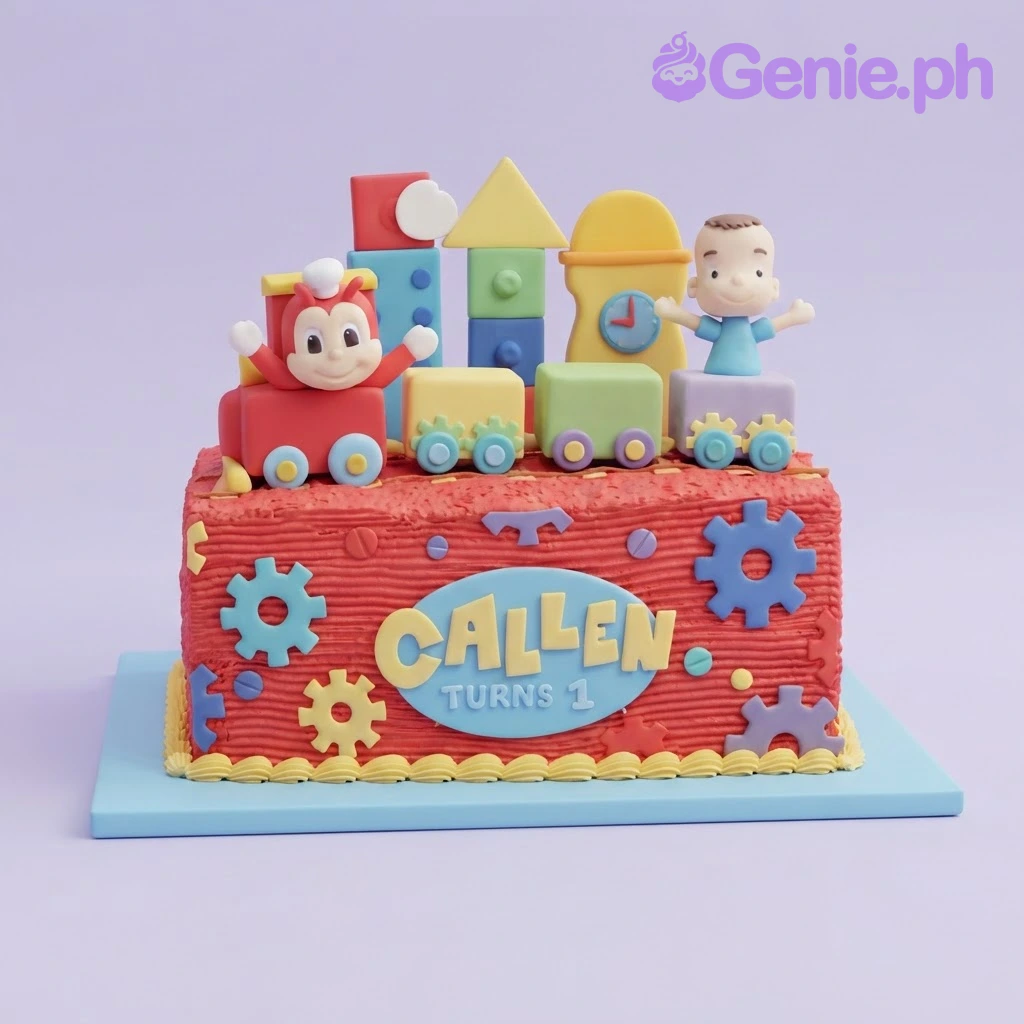 Jollibee Red Rectangle Birthday Cake Red rectangular fondant cake with Jollibee and boy figurines, train cars, building blocks, and colorful gear decorations
