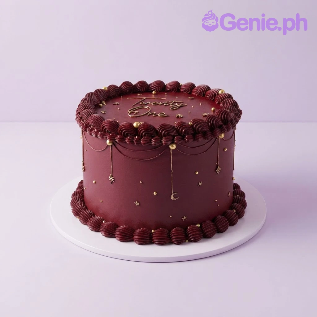Dark Red Minimalist Maroon Birthday Cake Dark red 1-tier cake with smooth soft icing, piped borders, gold edible pearls, and gold star and moon accents