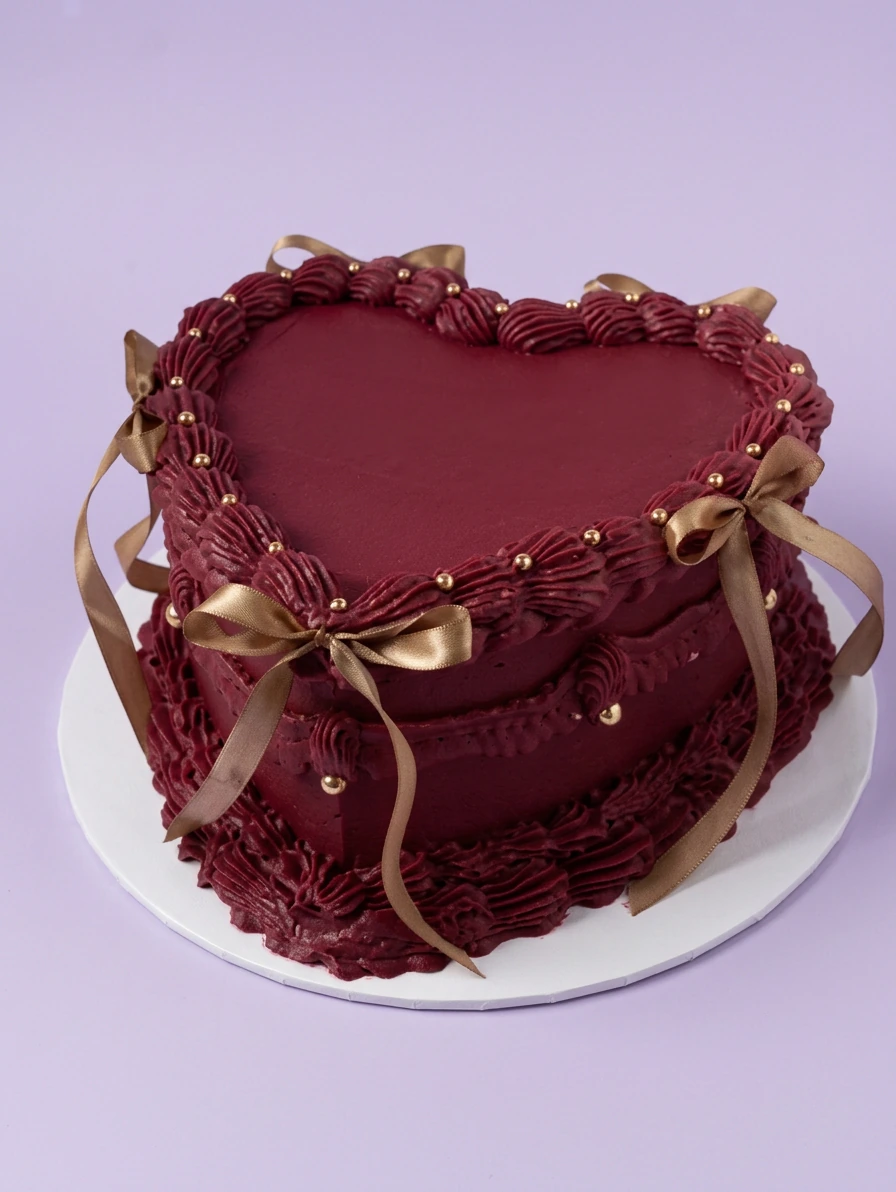 Heart-shaped dark red vintage cake with piped ruffles, gold satin bows, and silver dragees.