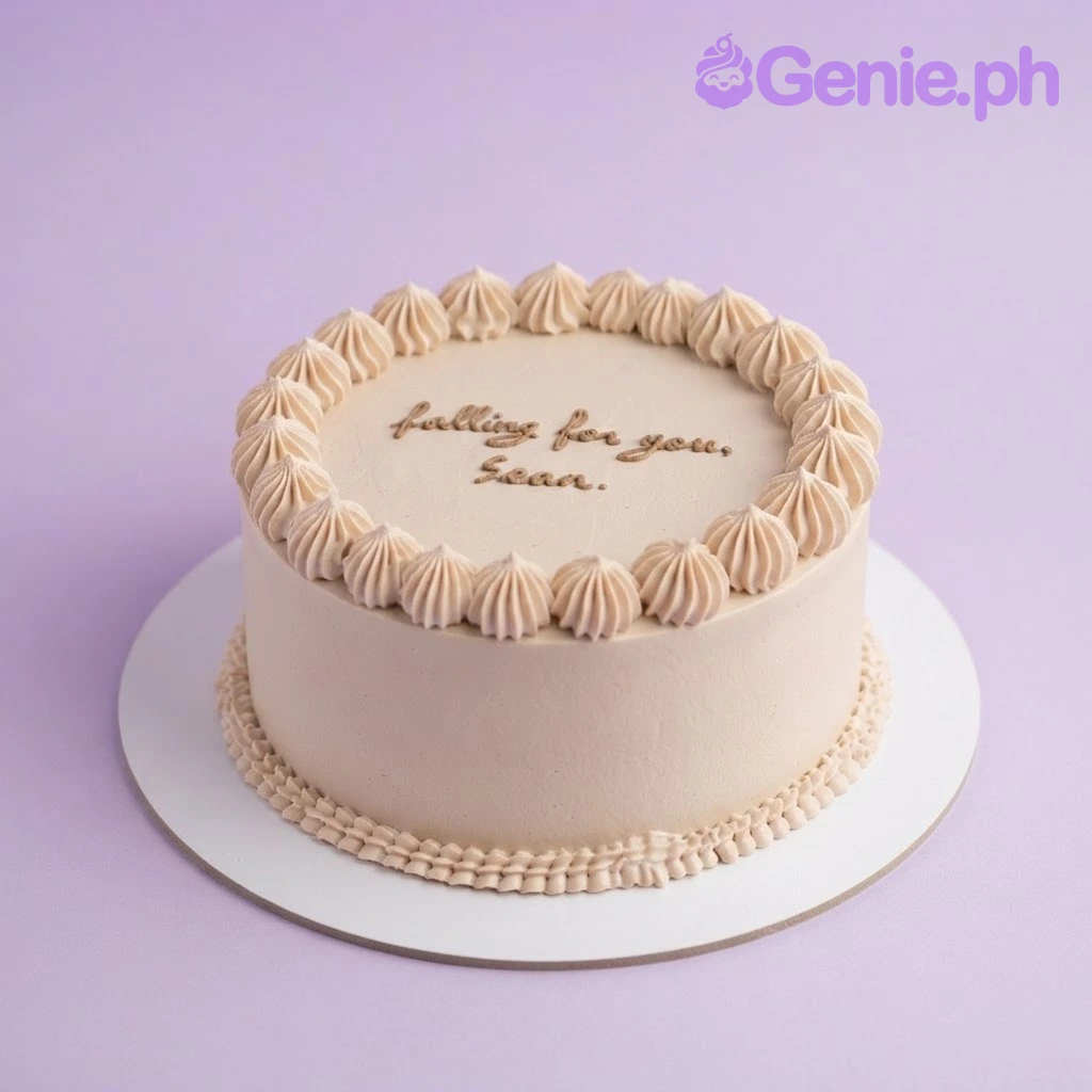 Minimalist Romance Peach Cake Champagne 1-tier soft icing cake with piped rosettes and brown script message