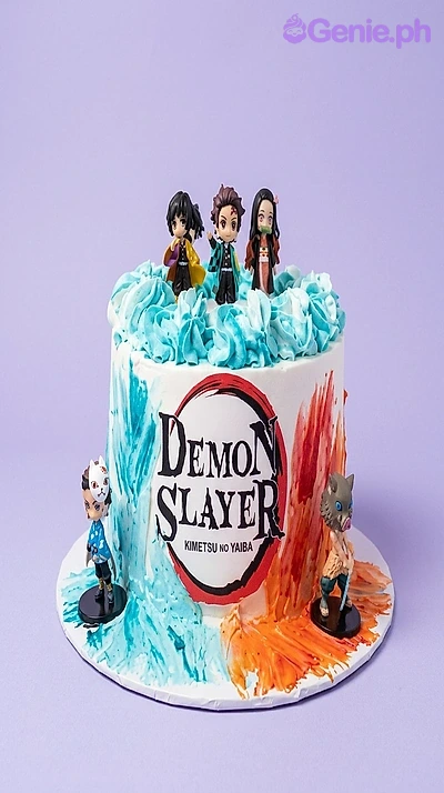 Demon Slayer-Inspired Sky Blue Birthday Cake A blue and orange 1-tier cake themed around Demon Slayer, featuring character figurines and textured icing swirls.