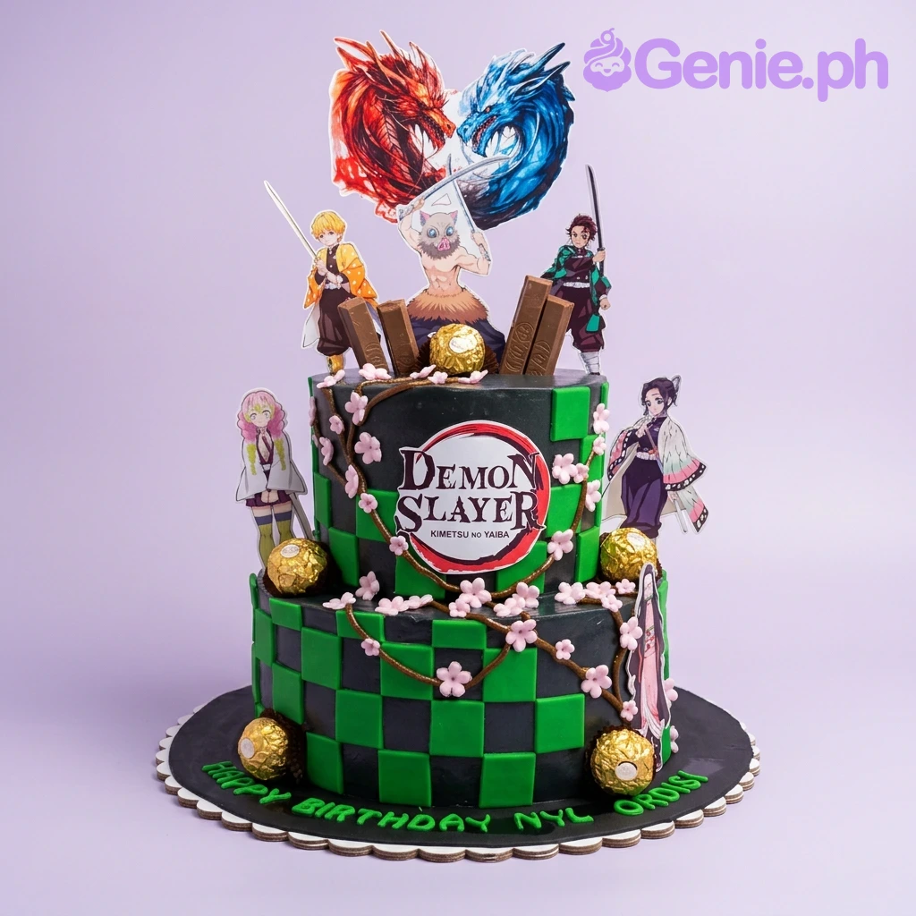 Demon Slayer-Inspired Black 2-Tier Cake A black 2-tier cake featuring Demon Slayer character printouts, dragon decorations, and green checkered panels.