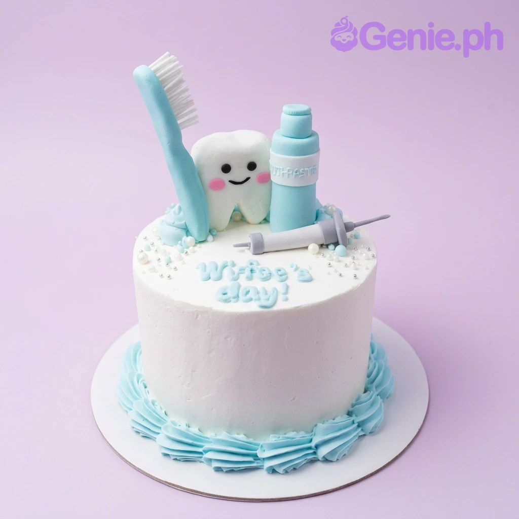 Dentist White Cake A white 1 Tier cake featuring fondant toothbrush, toothpaste, tooth, syringe, light blue icing swirls, piped border and white and silver sprinkles.