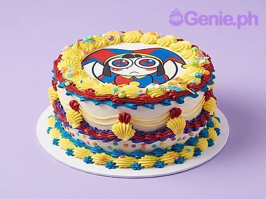 Digital Circus Birthday Cake White 1-tier cake with a printed Pomni character topper and colorful piped icing borders