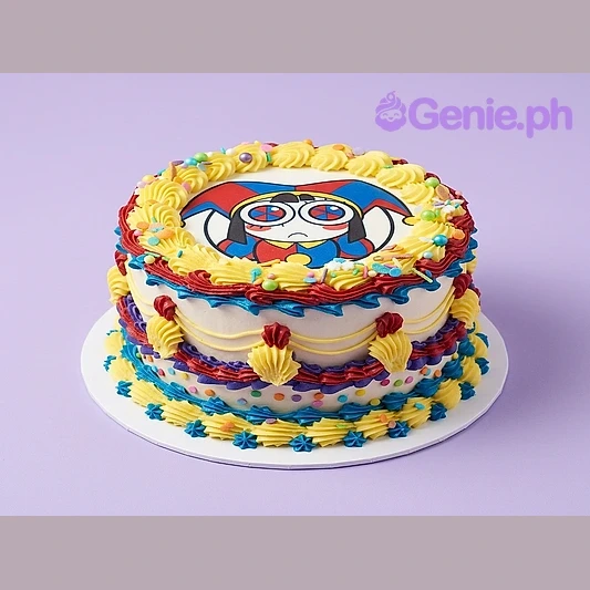 Digital Circus Birthday Cake White 1-tier cake with a printed Pomni character topper and colorful piped icing borders