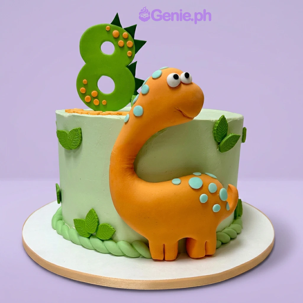 Dinosaur Birthday Mint Cake Light green 1-tier cake with a large orange dinosaur figure, a green number eight topper, and small green leaf accents