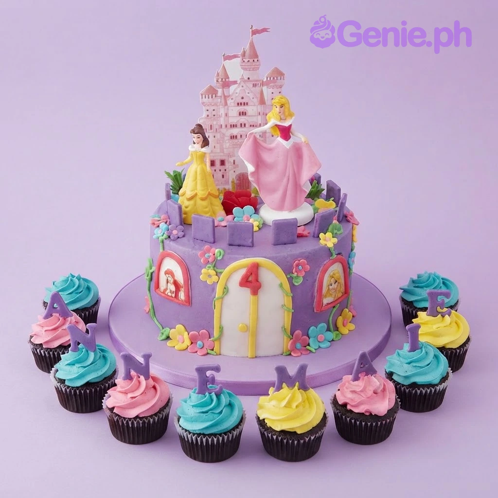 A purple and pink 1-tier Disney Princess Castle cake, featuring a pink castle backdrop and princess figurines.