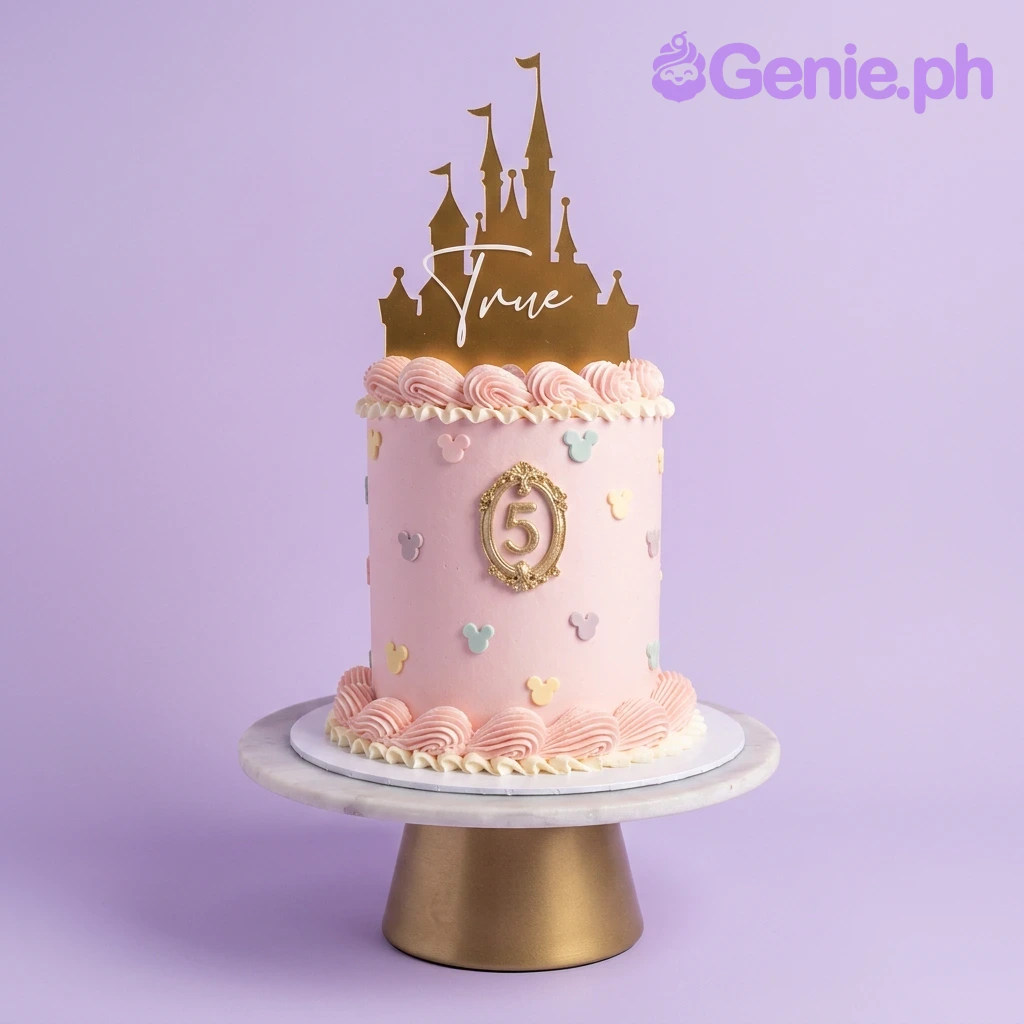 A pink 1-Tier Disney Princess cake, featuring a gold castle topper, a gold number 5 frame, and Mickey Mouse silhouettes. A pink 1-Tier Disney Princess cake, featuring a gold castle topper, a gold number 5 frame, and Mickey Mouse silhouettes.