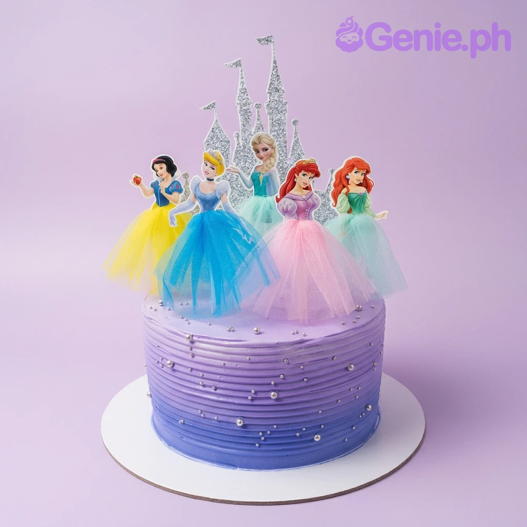 A purple and blue gradient 1 Tier Disney Princess cake, featuring princess figures, a castle, and silver pearls.