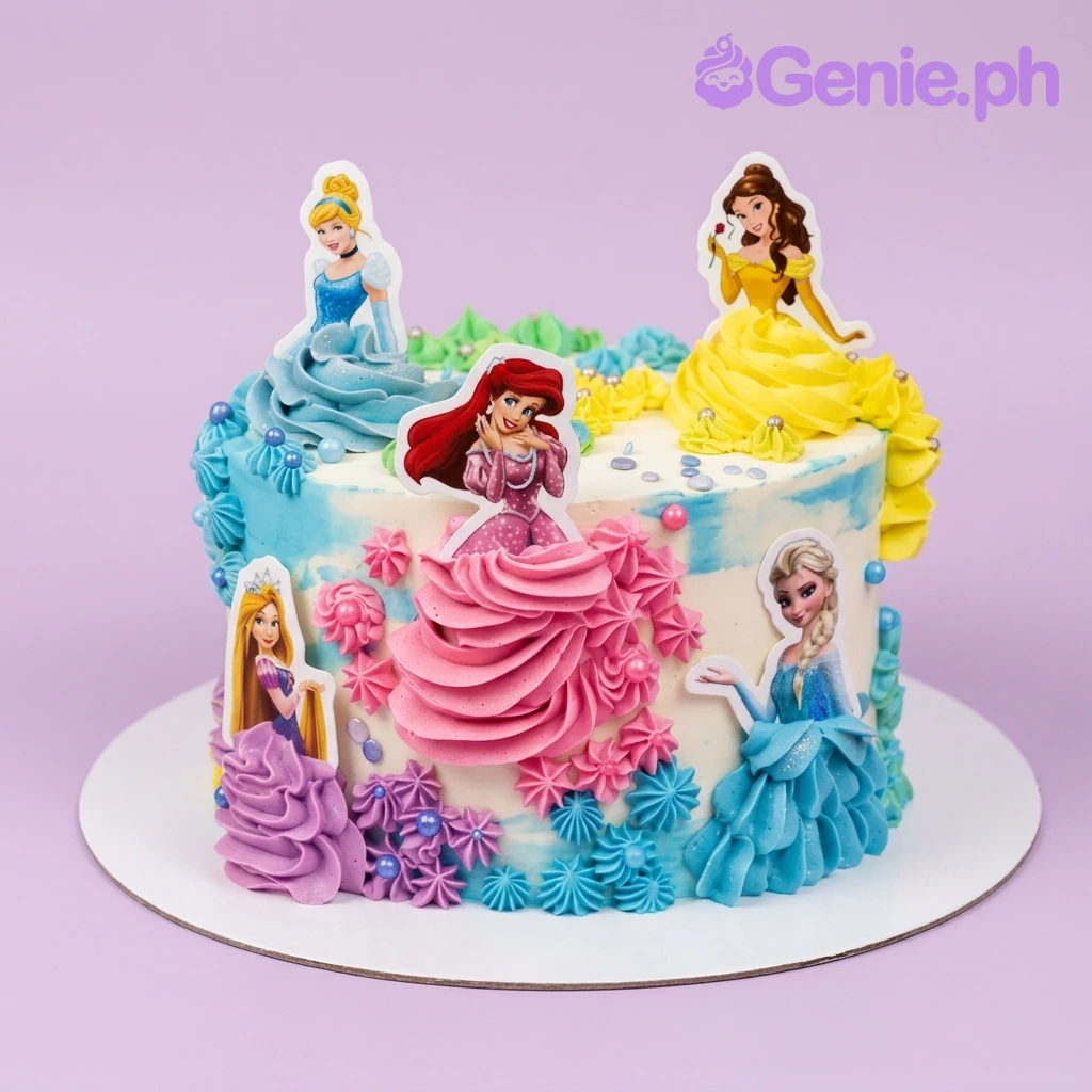 A white 1-tier Disney Princess cake with princess cutouts, colorful piped icing, and silver dragees.